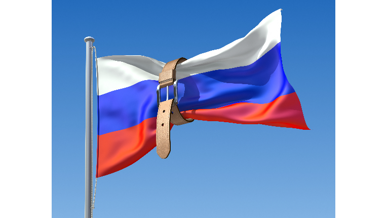 Picture of Russian flag with belt tied around it