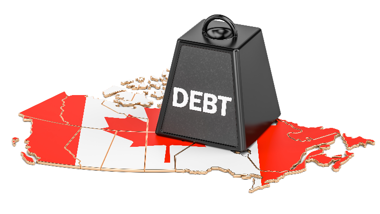 A picture of the Canadian flag a weight on it called debt