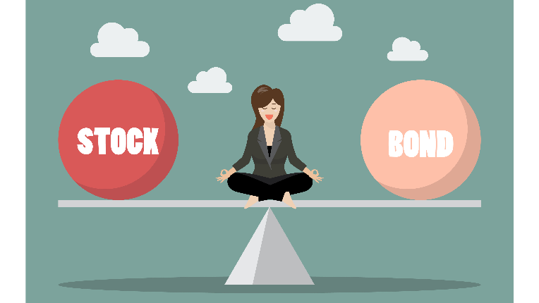 Picture of a lady sitting in the middle of a plank balancing stocks and bonds.