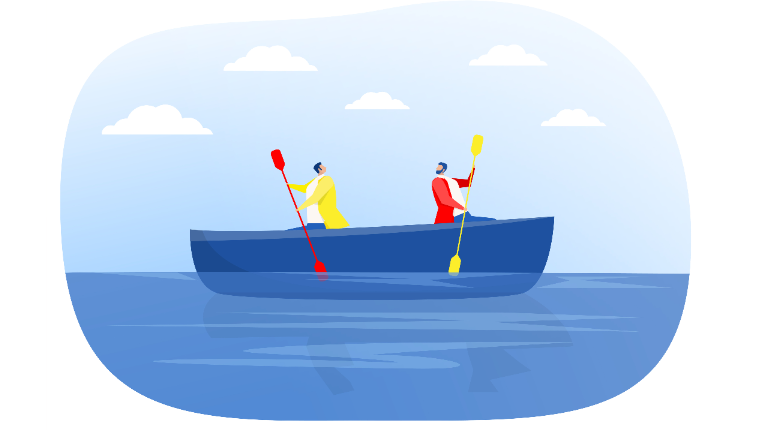 Two people in a boat rowing in opposite directions