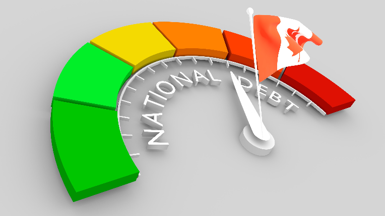 Picture of a coloured gauge showing debt and the Canadian flag
