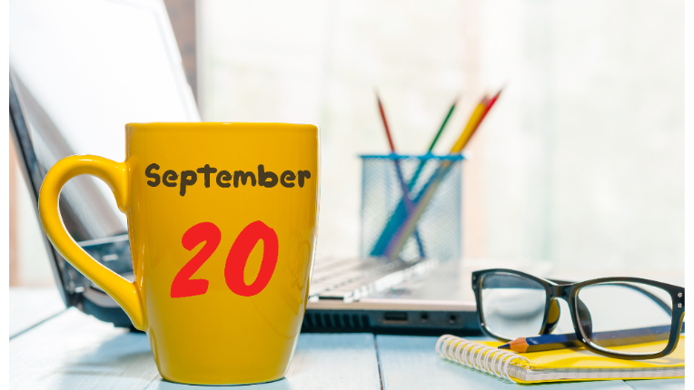 Picture of a coffee mug with September 20 printed on it and eye glasses