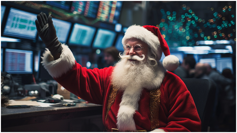 Santa Claus waving in a stock market trading room