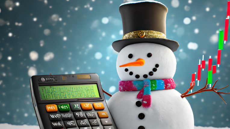Snowman with calculator beside stock charts