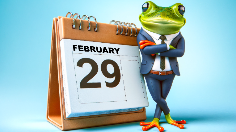 Frog in a suit leaning against calendar with date of February 29.