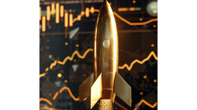 Picture of a golden rocket set against a financial chart background
