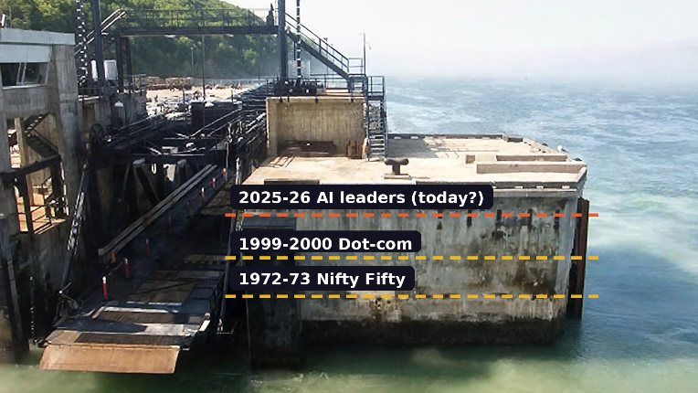 Barge on water with three dashed lines marking historic peaks 25-26 AI leaders at the highest, 99-00 Dot com in the middle and 72-73 Nifty Fifty at the lowest.