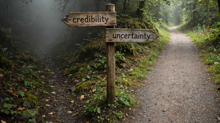 Fork in road with credibility and uncertainty signs on post.